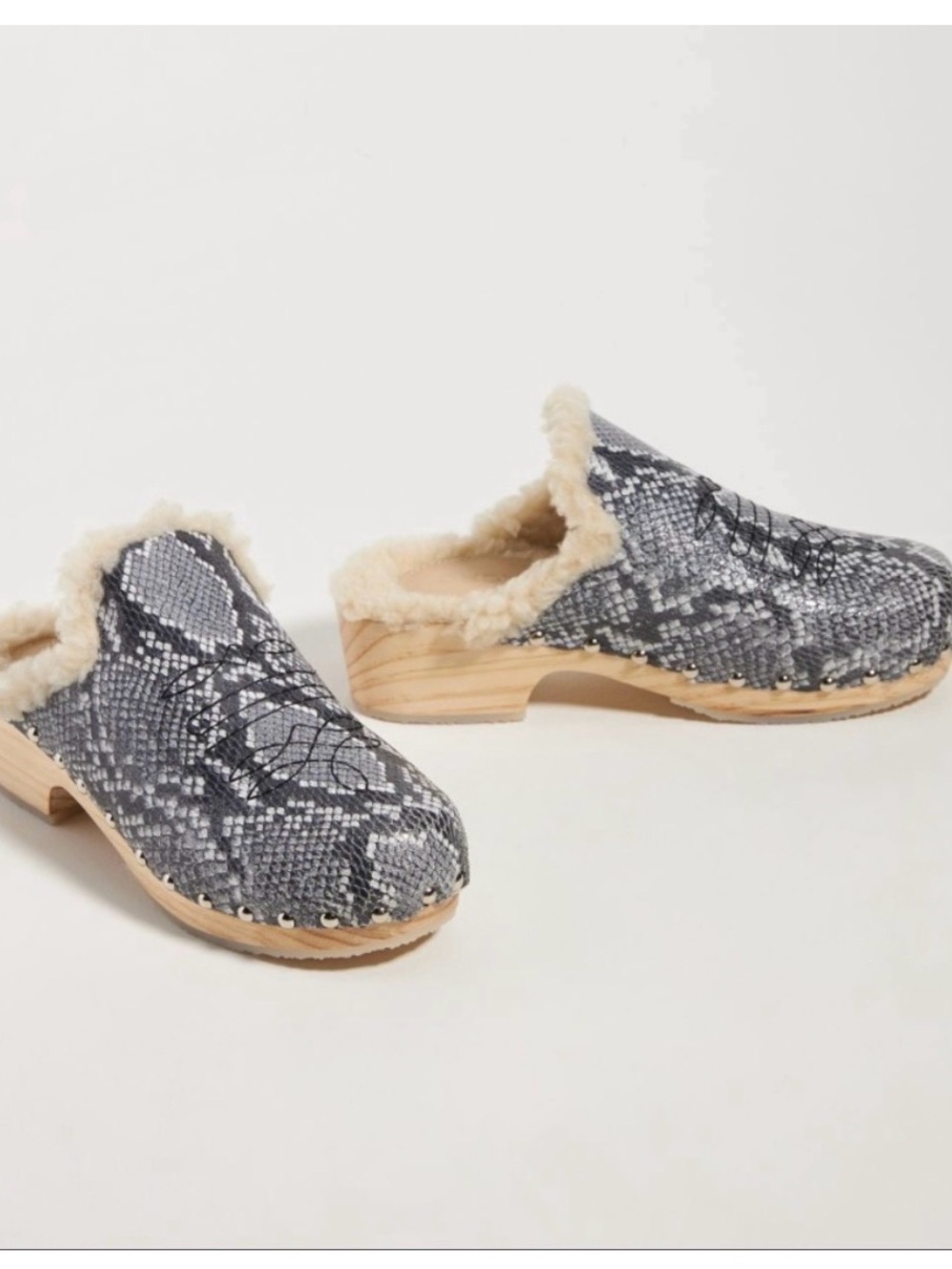 Pilcro Faux Python Shearling Clog in Gray and Cream